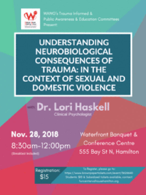 Image with information about a lecture with Dr. Lori Haskell, "Understanding Neurobiological Consequences of Trauma: In The Context of Sexual and Domestic Violence" Nov. 28, 2018
