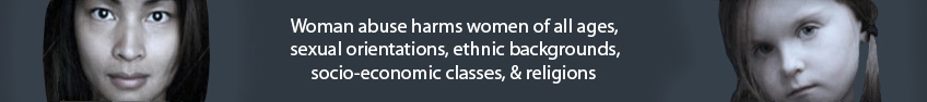 Mobile header containing a woman's face and a child's face. The header contains the following text: "Woman abuse harms women of all ages, sexual orientations, ethnic backgrounds, socio-economic classes, & religions.